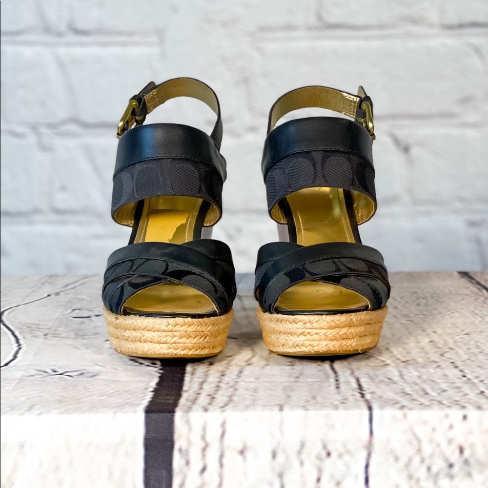 Coach Mallory Wedge in black/gold with classic Coach emblem, Women’s Size 6.5